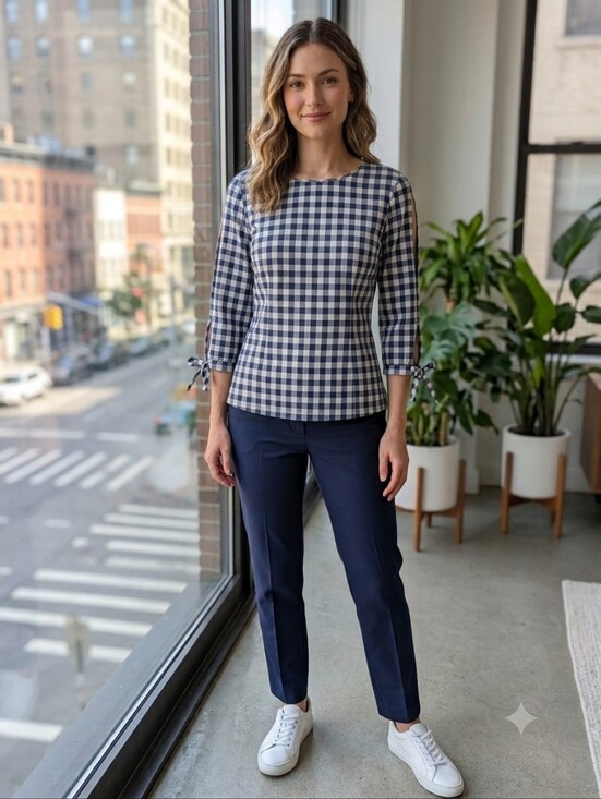 J. Crew Tops - J. Crew Navy Gingham Tie Sleeve Blouse Medium 100% Cotton Top